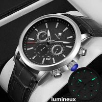Montres-bracelets à quartz en cuir hommes, chronographe de luxe avec aiguilles lumineuses, montres-bracelets hommes - Argent noir