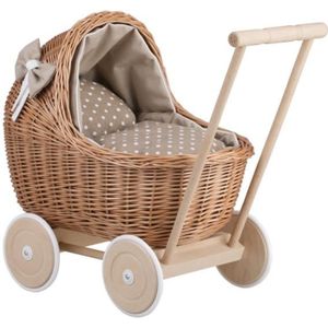 LANDAU - POUSSETTE Landau-poussette pour poupée en osier, poignée et roues en bois avec tissu beige et blanc