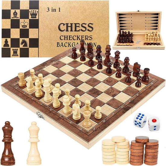 Qintora – Jeu D'échecs 3 En 1 – Échiquier Pliable – Dames, Backgammon – Bois – 29x29 Cm – Voyage, Fête
