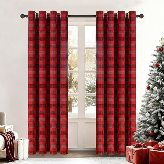 Rideaux Occultants Noël - Lot De 2 - 110x215 Cm Chacun - Motif Renne Et Carreaux Vert - Isolants Thermiques