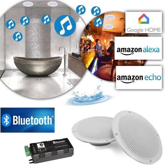 Kit 2 haut-parleurs coniques 5" / 80W - Grille et résistance à l'eau avec Amplificateur Google Home Bluetooth Amazon Alexa Echo