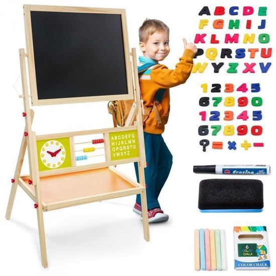 Chevalet Magnétique Double Face En Bois – Tableau Noir/blanc, Avec Lettres, Perles Et Horloge, Pliable, Pour Enfants