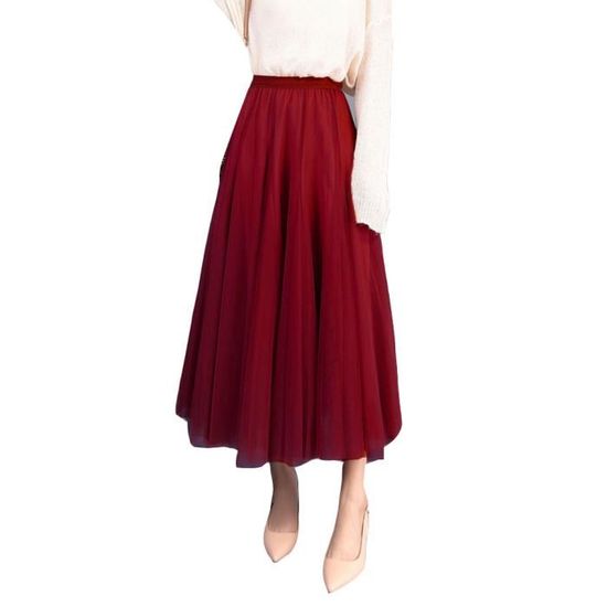 Femme Jupe Mi longue Fluide Vintage Chic Taille Haute Petticoat Jupe Fee A line Jupe Longue Plisse Jupe evasee unie WRouge Wrouge Cdiscount Pret a Porter