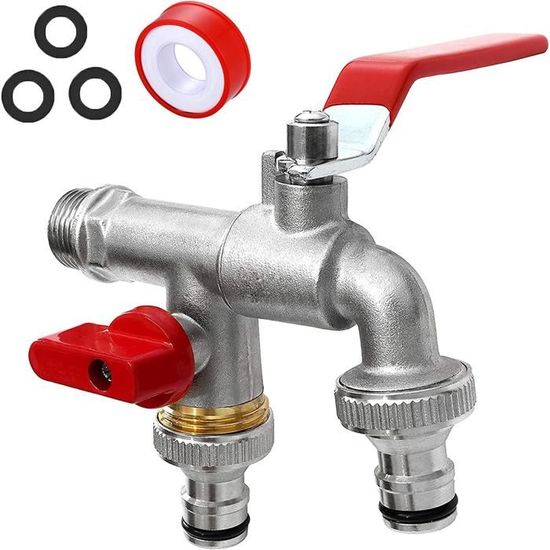 Double Robinet De Jardin 1/2" En Laiton Anti-Gel Avec 2 Sorties 3/4" - Kit Complet