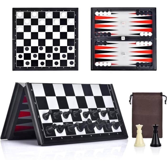Jeu de Plateau d'Échecs 3 en 1, Échiquier Magnétique avec Échecs, Dames