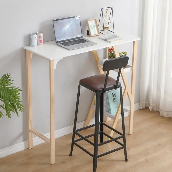 NUO Table Haute Mange-Debout Cuisine Scandinave avec 2 étagères de Rangement Pied en Forme K (Blanc)