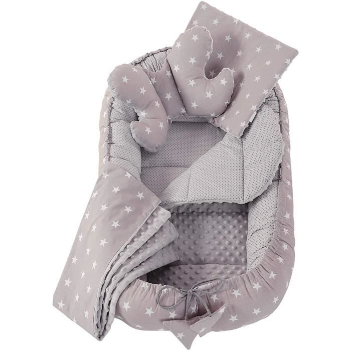 Réducteur de Lit 5 éléments bébé Cocon 90x50cm nouveau-né 100% Coton Baby nest Medi Partners couverture insérer coussin (Étoiles Gri