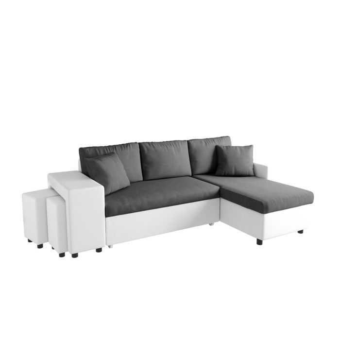 Canapé d'angle gauche convertible Gris/Blanc avec coffre et poufs OSLO