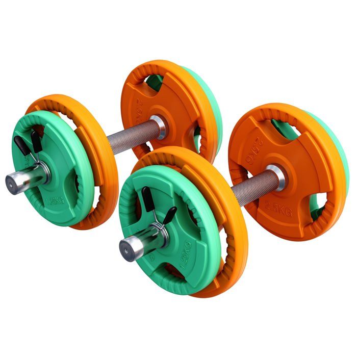Gorilla Sports - 20kg total - kit d'haltères en caoutchouc grip avec 2 barres courtes de 35cm avec stop disques Gris