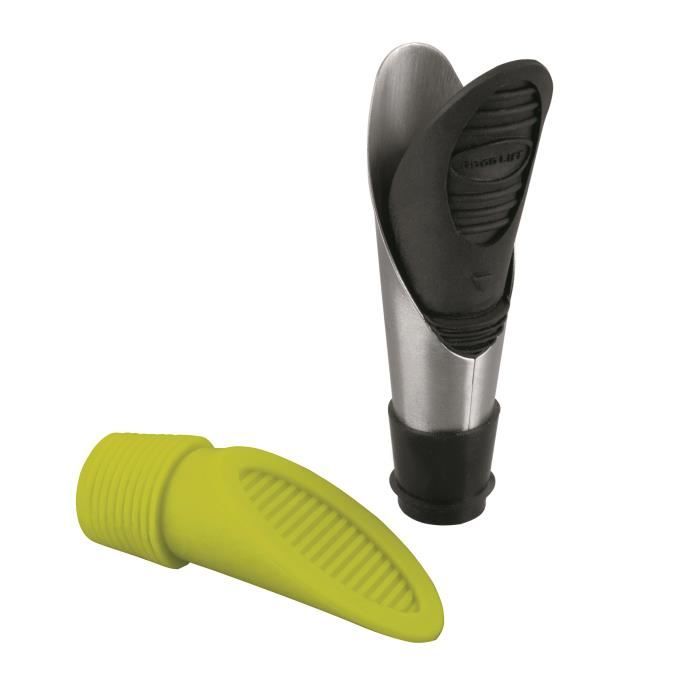 BEC VERSEUR INOX 18/10 + DEUX BOUCHONS 100% SILICONE - UN NOIR ET UN VERT - L'ENSEMBLE DE QUALITE SUPERIEURE
