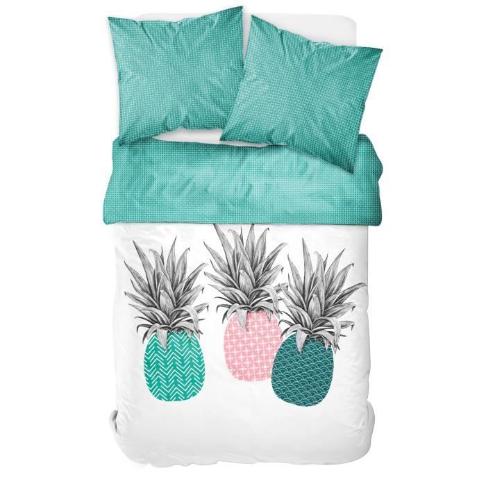TODAY TROPIK SUMMER Parure de lit Ananas - 1 Housse de couette 240 x 260 cm et 2 taies d'oreiller 63 x 63 cm - Vert et rose
