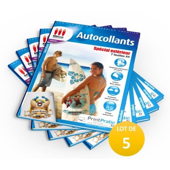 LOT DE 5 PACKS : 5X Autocollants Spécial Extérieur - 7 feuilles A4 blanches imperméables-7 feuilles A4 / 5x MA-5050 soit 35 feuilles