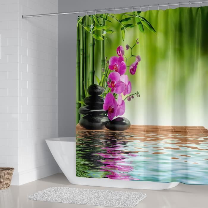 Rideau de douche ZEN bambous galets fleurs et leurs reflets anneaux inclus 3D effect imperméable 180 x 200 cm