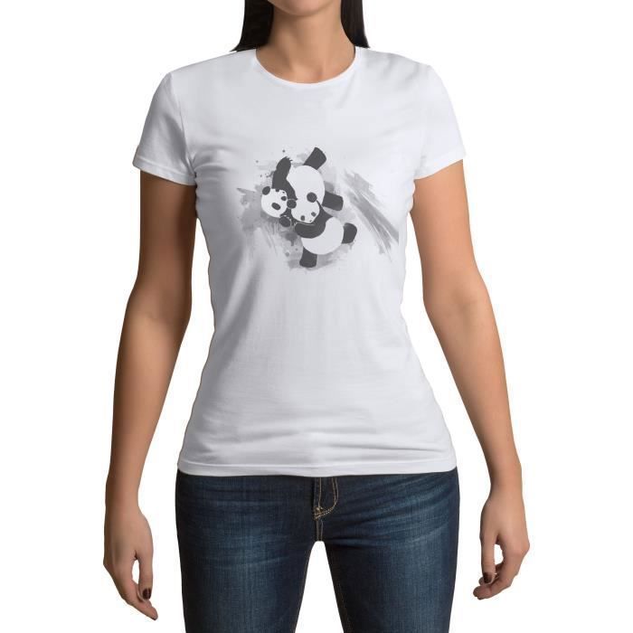 T-shirt Femme Col Rond Panda Judo Aquarelle Arts Martiaux Karate Mignon Enfant