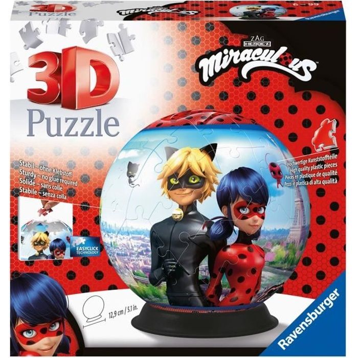 MIRACULOUS Puzzle 3D Ball 72 pièces - Ravensburger - Puzzle enfant 3D sans colle - Dès 6 ans