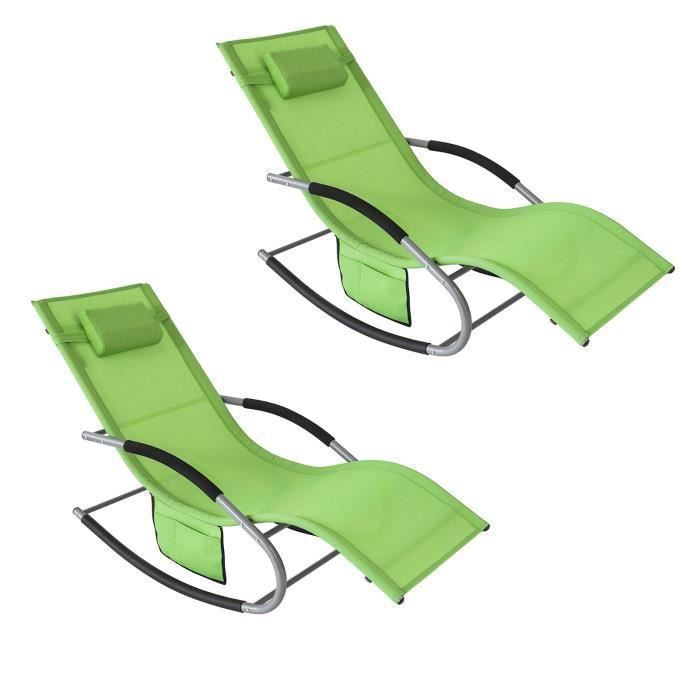 SoBuy OGS28-GR x2 Lot de 2 Bain de Soleil Chaise Longue Fauteuil à Bascule avec Appui-tête et Pochette latérale et Repose-Pieds