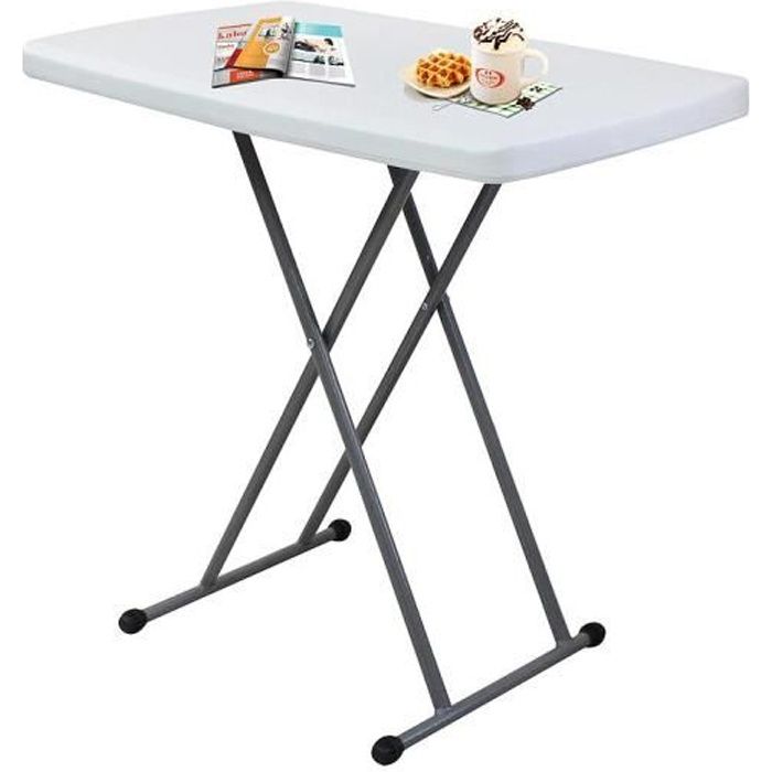 Table Compacte et Pliable, Table Pliante Ajustable, 76 x 50 x 51/63/74 cm, Blanc, Matériau: Acier, HDPE