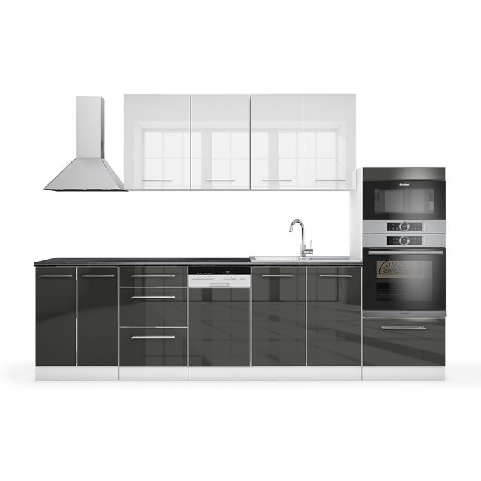 Cuisine Vicco FAME-LINE, cuisine intégrée, cuisine encastrée 295 cm, blanc, anthracite, ultra-brillant