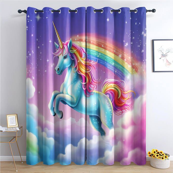 Hiseng Lot de 2 Rideaux Voilages, Licorne Rideau de Fenêtre Voile Rideau Semi-Transparent Rideau Voilage avec Oeillets Décor de Salon Balcon Chambre Salle de Bain (140x244cm,Rose Beau