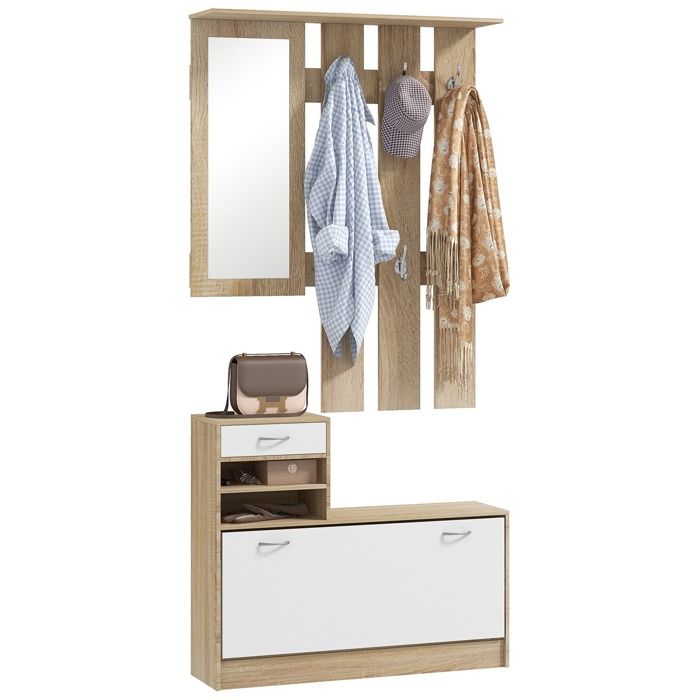 Meuble dentrée HOMCOM vestiaire avec panneau porte-manteau miroir et banc à chaussures - 6 crochets et étagère réglable Meuble dentrée HOMCOM vestiaire avec panneau porte-manteau miroir et banc à chaussures - 6 crochets et étagère réglable