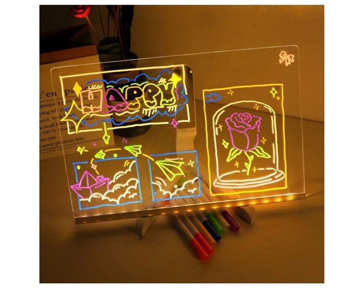 Tableau à Dessin Lumineux LED 35x25 Cm - 7 Couleurs, 4 Modes, Avec Stylos Et Support - Pour Enfants, Décoration, Bureau