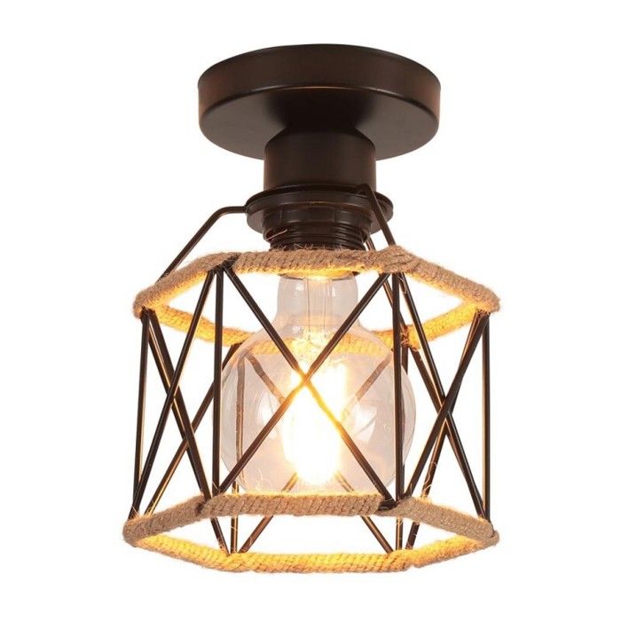 WOTTES Rétro Plafonnier Industrielle - Cage en Métal et corde de chanvre - Lampe de plafond pour Cuisine Couloir - 1pcs Ø13*14CM