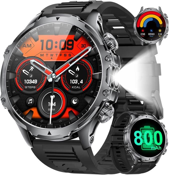 Montre Connectée Homme Avec Appels/800Mah Longue Autonomie Batterie/Lampe De Poche/1 85 Grande Écran/2 Bracelet 5Atm Étanche 1