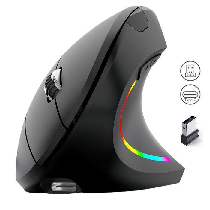 Souris Ergonomique sans Fil 2.4G Noir Silencieuse Verticale Souris avec 2400 DPI Réglable 6 Boutons pour PC Ordinateur Portable
