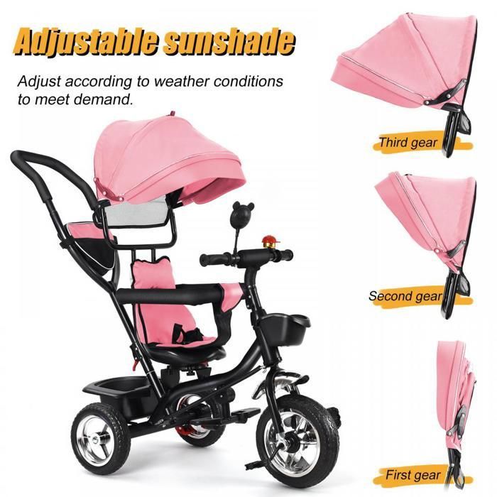Tricycle Bébé Évolutif 4 En 1 – Vélo Bébé 9 Mois à 5 Ans Avec Poignée Réglable, Canopy XXL, Cloche, Rétroviseurs & Harnais 5 Points (Gris Clair)