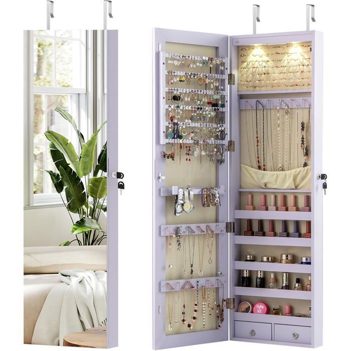Armoire à Bijoux Mural avec Miroir et Lumière LED COSTWAY Rangement de Bijoux Accrochée à la Porte 120 x 36 x 10 CM Violet