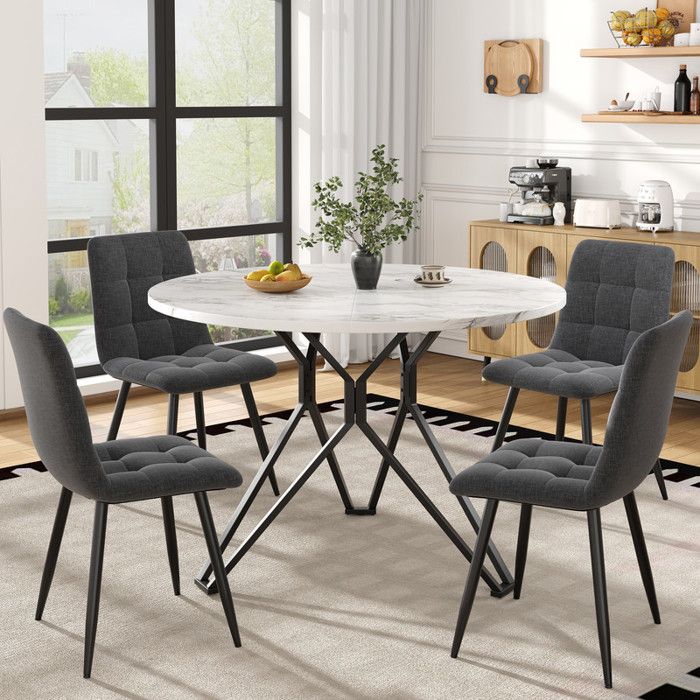 Ensemble Salle à Manger 5 Pièces - Table Ronde Ø100cm Marbre - 4 Chaises Lin Gris - Design Contemporain - Confort Optimal