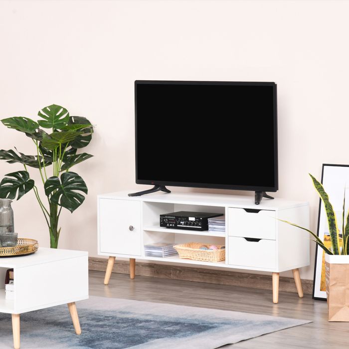 Meuble TV banc TV style scandinave placard 2 niches 2 tiroirs passe-fils panneaux particules blanc bois pin