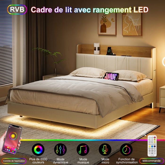 Lit adulte 140x190 cm Lit double 140x190 cm avec LED et USB Lit flottant rembourré avec sommier à lattes bois lit 2 personnes