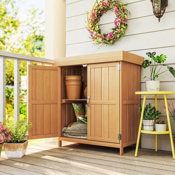 Armoire de Jardin sur Pied Double Porte étagère et Toit bitumé relevable dim. 74L x 43l x 88H cm Bois Massif de Sapin