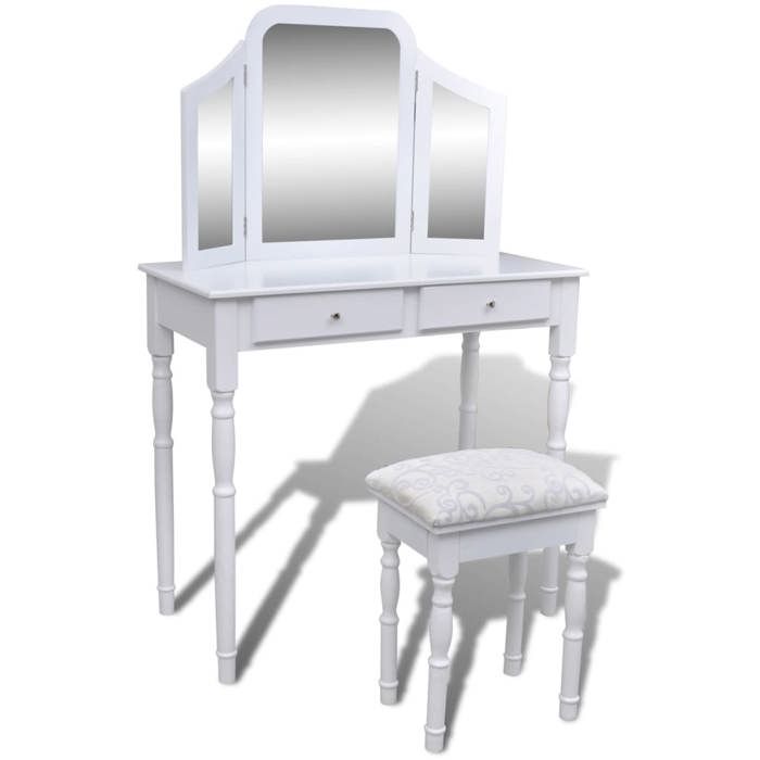Coiffeuse avec miroir et tabouret - Happiness - Blanc - 2 tiroirs - 80x405x745 cm - Style classique intemporel