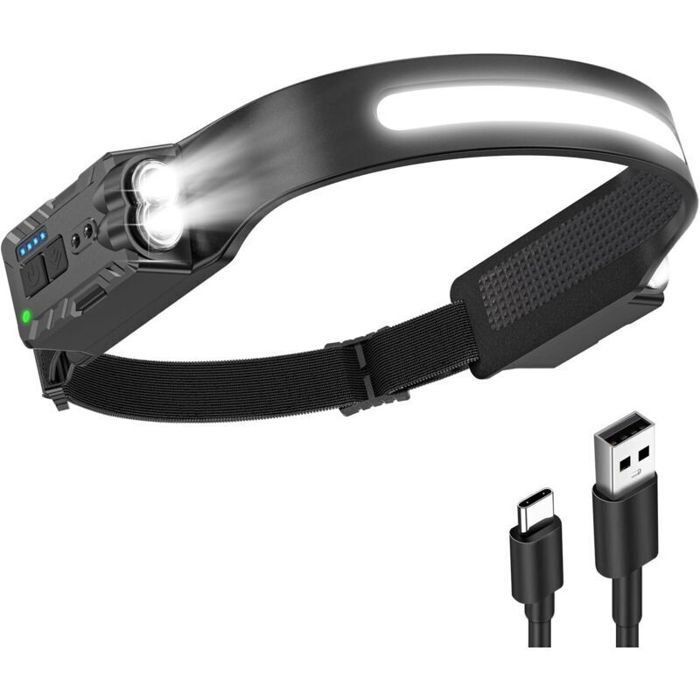 Lampe frontale LED rechargeable - ZOR® - Étanche IPX4 - 1200 mAh - 8 modes déclairage - Angle déclairage 230°