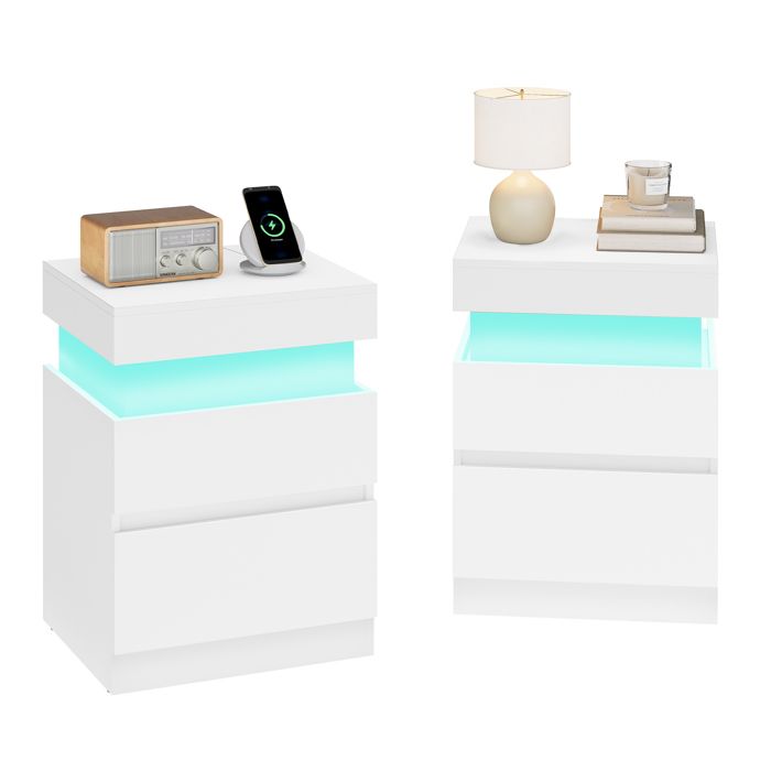 Table de Chevet Moderne avec LED Lot de 2 Table d’Appoint 2 Tiroirs Multiprise Intégrée 35 x 40 x 55 cm Blanc