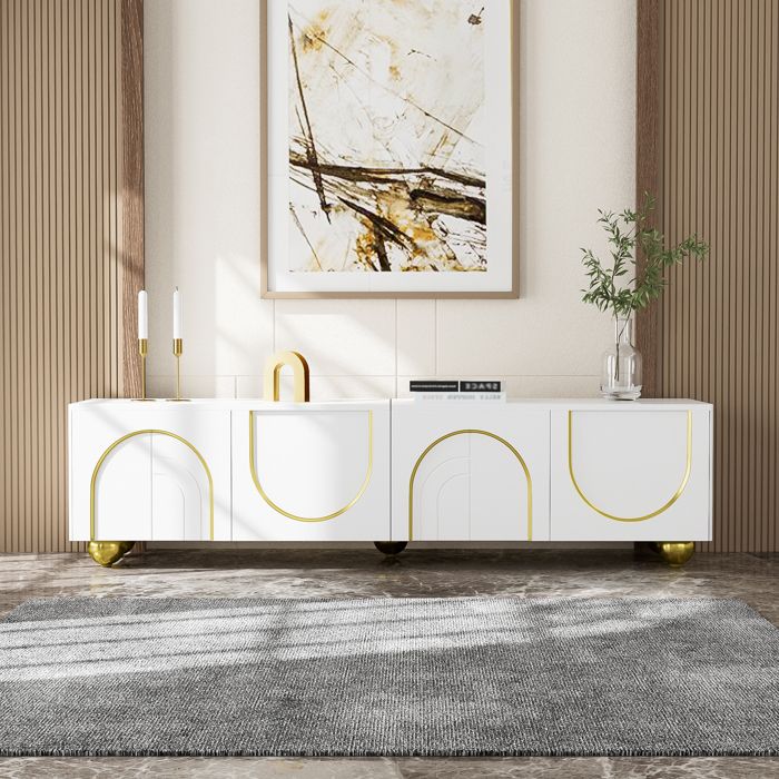 Merax Meuble TV Design Luxe avec Portes Texturées Poignées et Pieds Dorés Armoire TV Blanc Merax Meuble TV Design Luxe avec Portes Texturées Poignées et Pieds Dorés Armoire TV Blanc