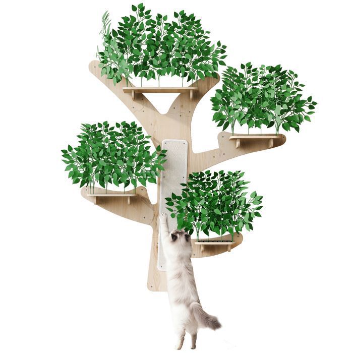 Arbre à chat mural en forme darbre en bois de pin massif avec surface à griffer et plateformes décoratif et stable 155 × 210 cm