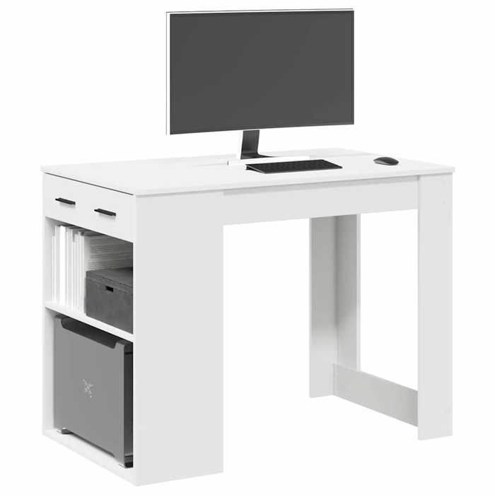1pc Blanc Table de salon sur pied - Magnifique Bureau avec tiroir et étagère blanc bois dingénierie CL2854018