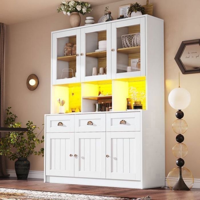 Buffet de cuisine haut MDF solide LED connecté zone centrale ouverte poignées métal charge 60kg pour salle à  BUFFET DE CUISINE