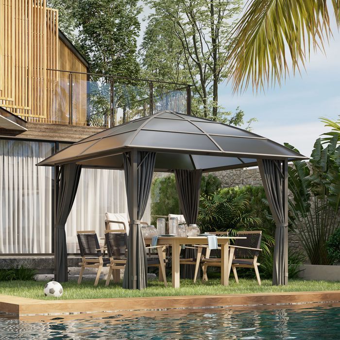 MOTHINESSTO1453-Tonnelle de jardin structure aluminium toit polycarbonate imperméable UV 60+ parois latéraux 3 x 3 m gris foncé