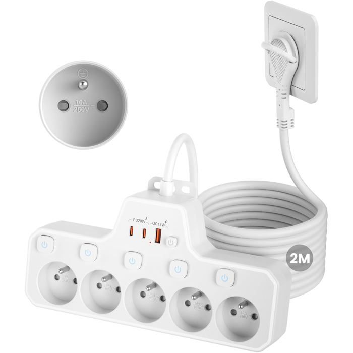 Multiprise Extra-Plate 5 Prises Française Prise Fiche Plate Derriere Meuble avec Terre 16A 2P+T Multiprise Electrique Blanc