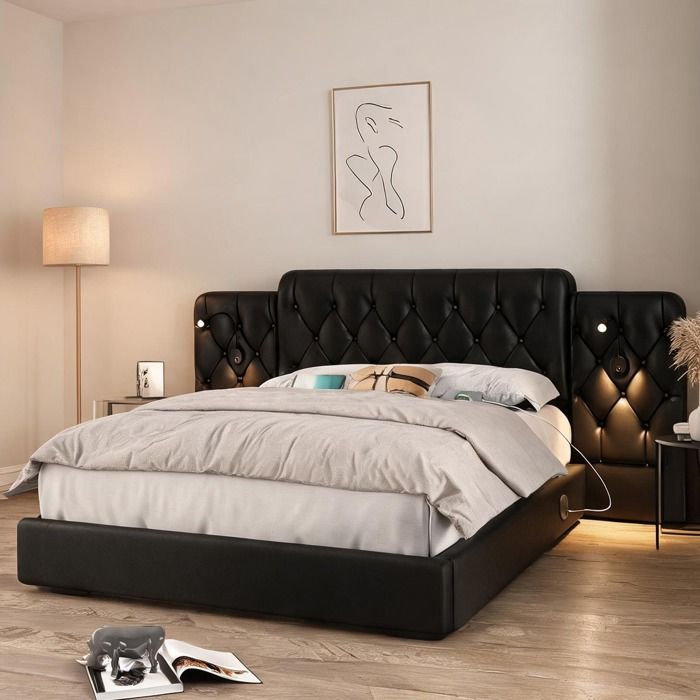 Sommier 160x200 avec tête de lit capitonnée lampes LED et USB rangement hydraulique en simili cuir noir