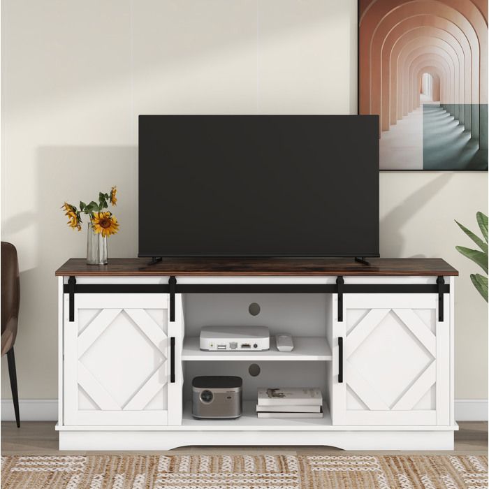 JOINERY meuble TV buffet bas portes coulissantes 150 x 40 x 60 cm rangement étagères réglables blanc et marron