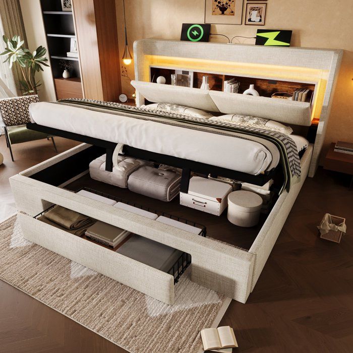 Lit coffre 160x200 beige en lin tête rembourrée avec LED ports USB et sommier à lattes