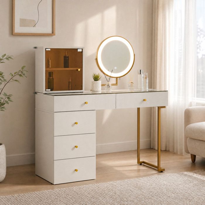 ELVORIN Coiffeuse avec miroir LED 120 x 45 x 115 cm plateau en verre trempé meuble latéral modulable blanc