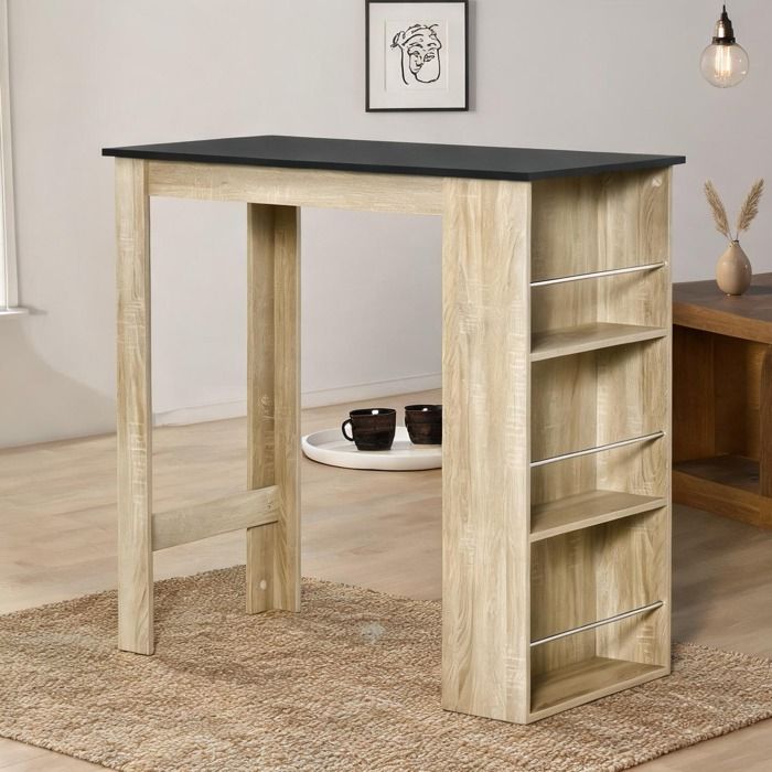 Table haute panneaux de particules aspect chêne clair et noir 112x57x106 cm 3 étagères
