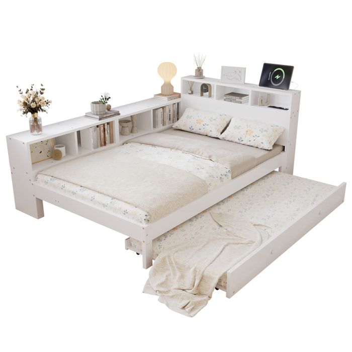 ELVORIN Lit combiné 120 x 200 cm avec lit gigogne 90 x 190 cm blanc rangement latéral tablette de tête de lit station de charge