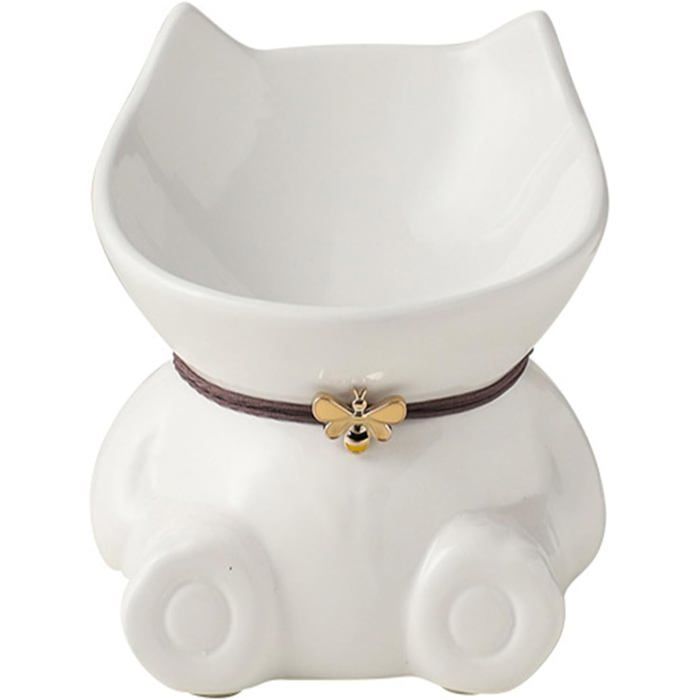Bol À Chat Rehaussé Céramique Porcelaine 14.8X14.6X14.3Cm Blanc Bol En Forme De Chat Accessoires Pour Chats Station DAlimen[EC192]